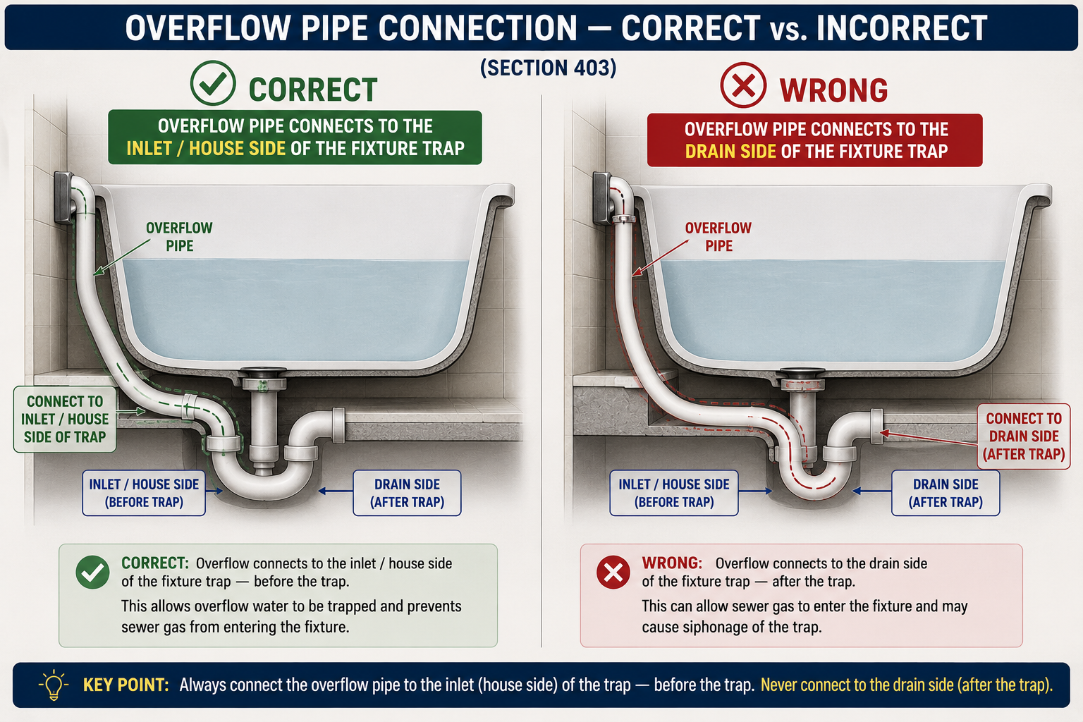 Overflow Pipe Connection – Correct vs Incorrect